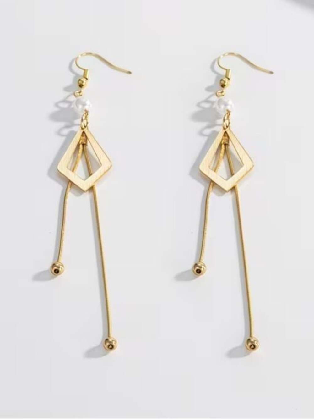 Gold Geometric Drop Earrings with Pearl Accent - Picture 2 of 5